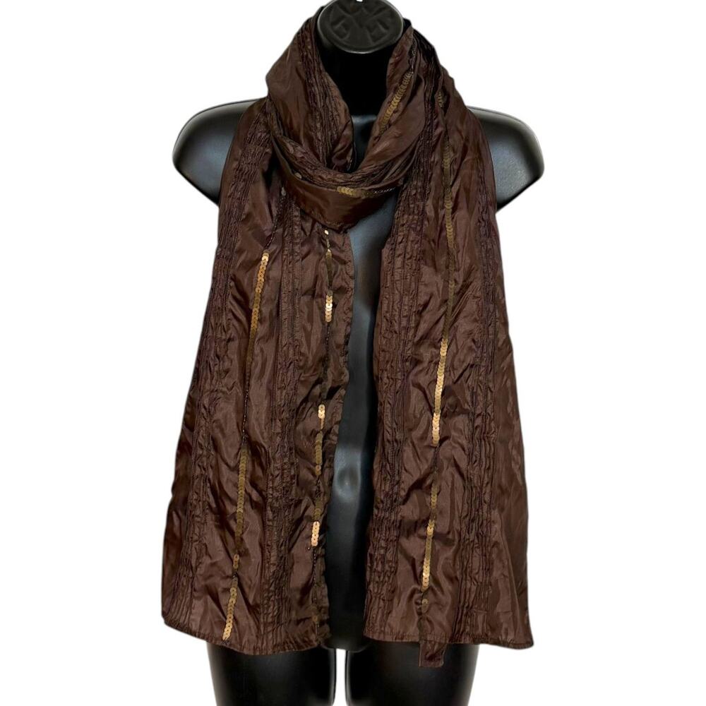 VTG 90s Echo Brown Crinkle Scarf Shawl Sequin Stripe Bronze Boho Goth Women OS
